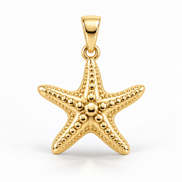 Yellow-gold starfish pendant design rendering with five rounded arms and raised bead-like texture on white.