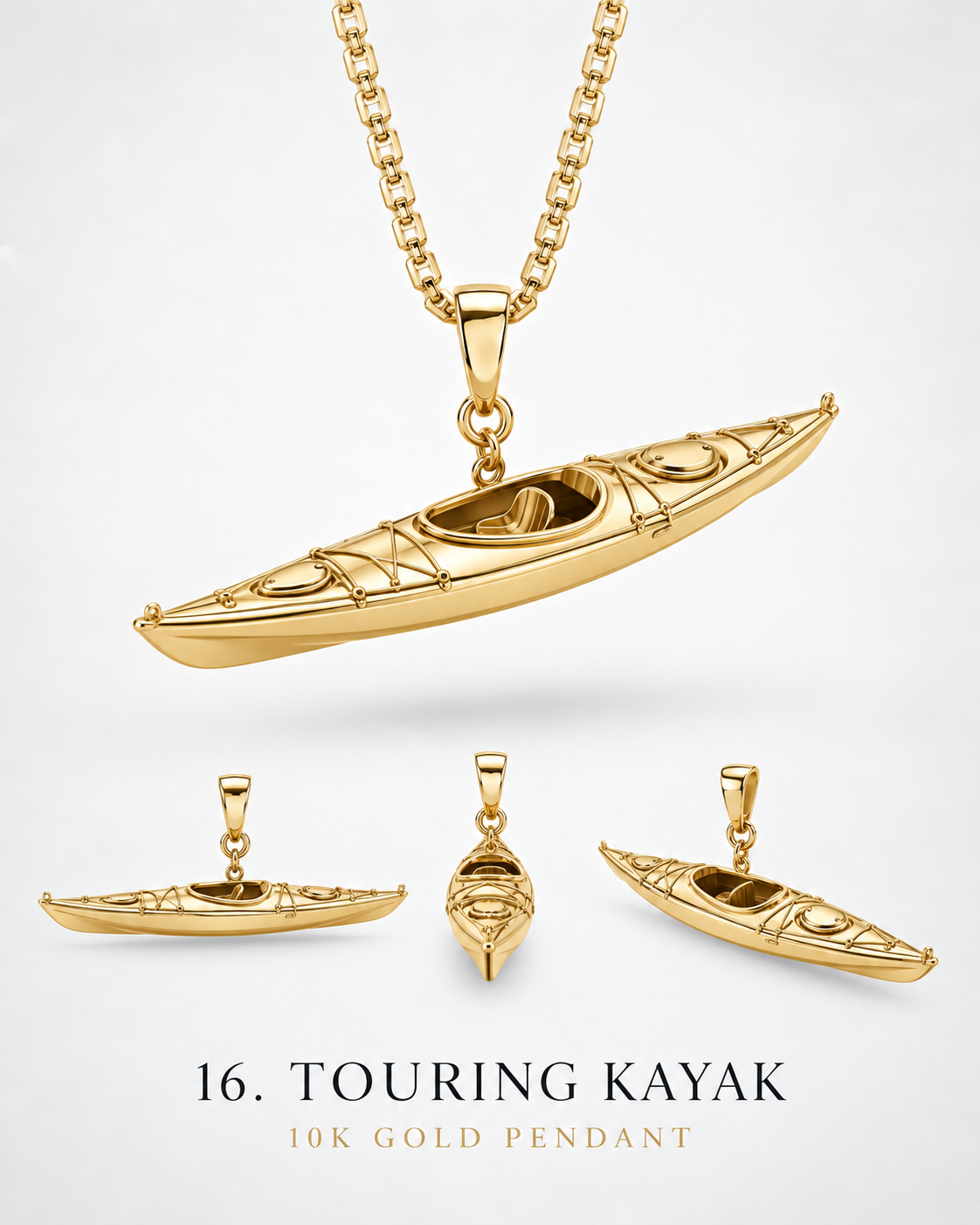 Touring kayak pendant catalog with yellow-gold hero and alternate views. AI-generated design rendering; display chain not included.