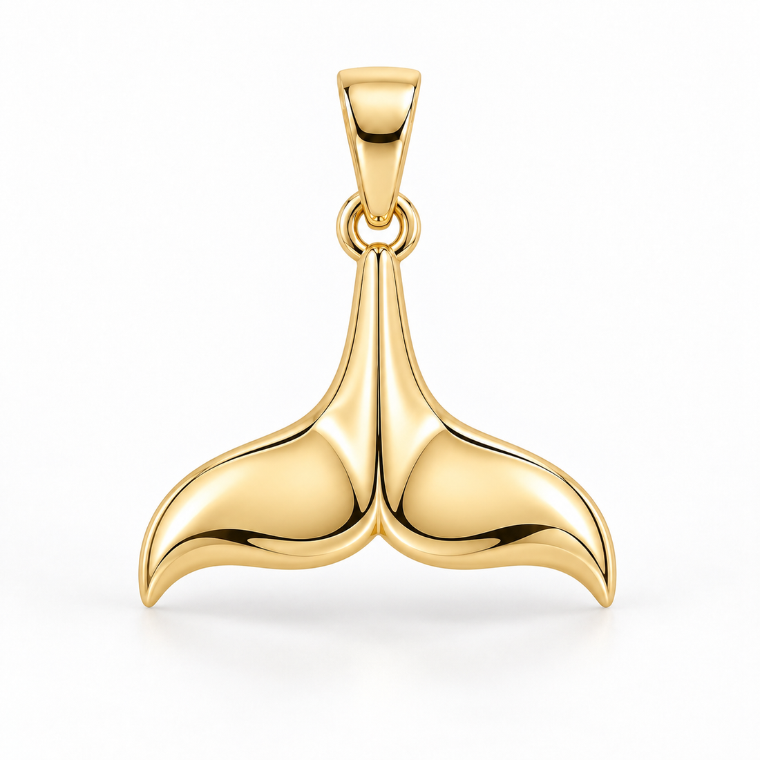 Yellow-gold whale tail pendant design rendering with two smooth sculpted flukes and a tapered bail on white.