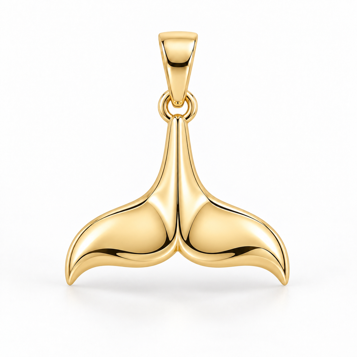 Yellow-gold whale tail pendant design rendering with two smooth sculpted flukes and a tapered bail on white.