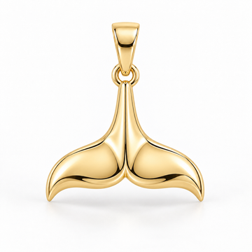 Yellow-gold whale tail pendant design rendering with two smooth sculpted flukes and a tapered bail on white.