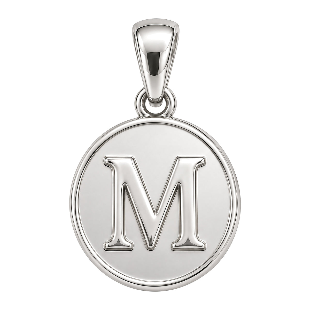 Initial M Sterling Silver Medallion — white-background product view; AI-generated design rendering; pendant only
