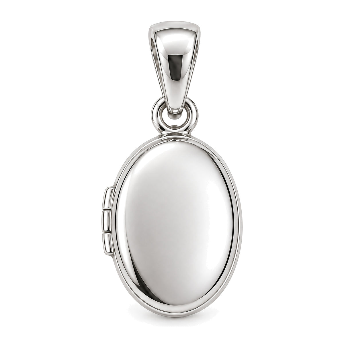 Mini Oval Locket-Style Sterling Silver Pendant — closed front view on white; AI-generated design rendering; no opening mechanism claimed