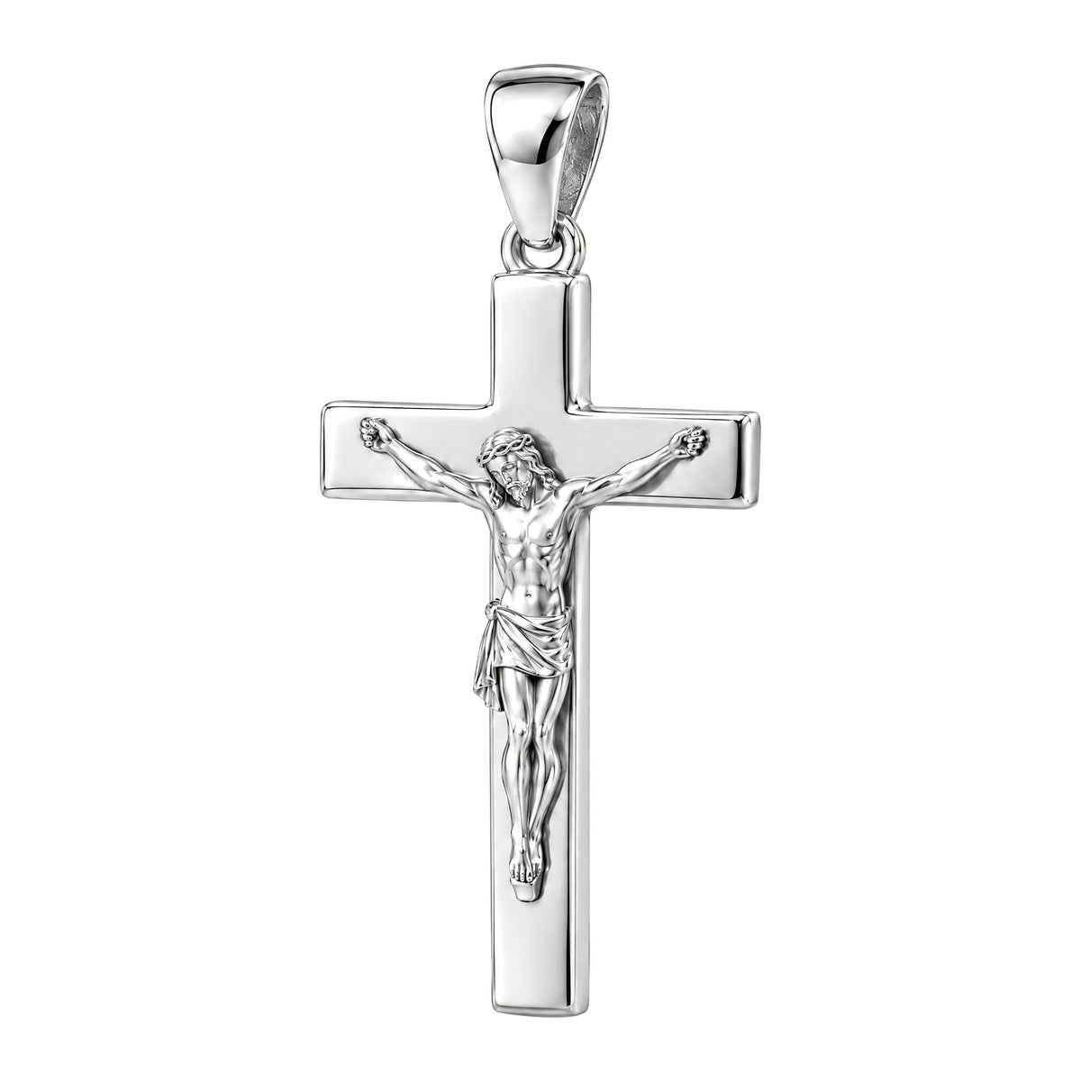 Crucifix Sterling Silver Pendant — white-background product view; AI-generated design rendering; pendant only