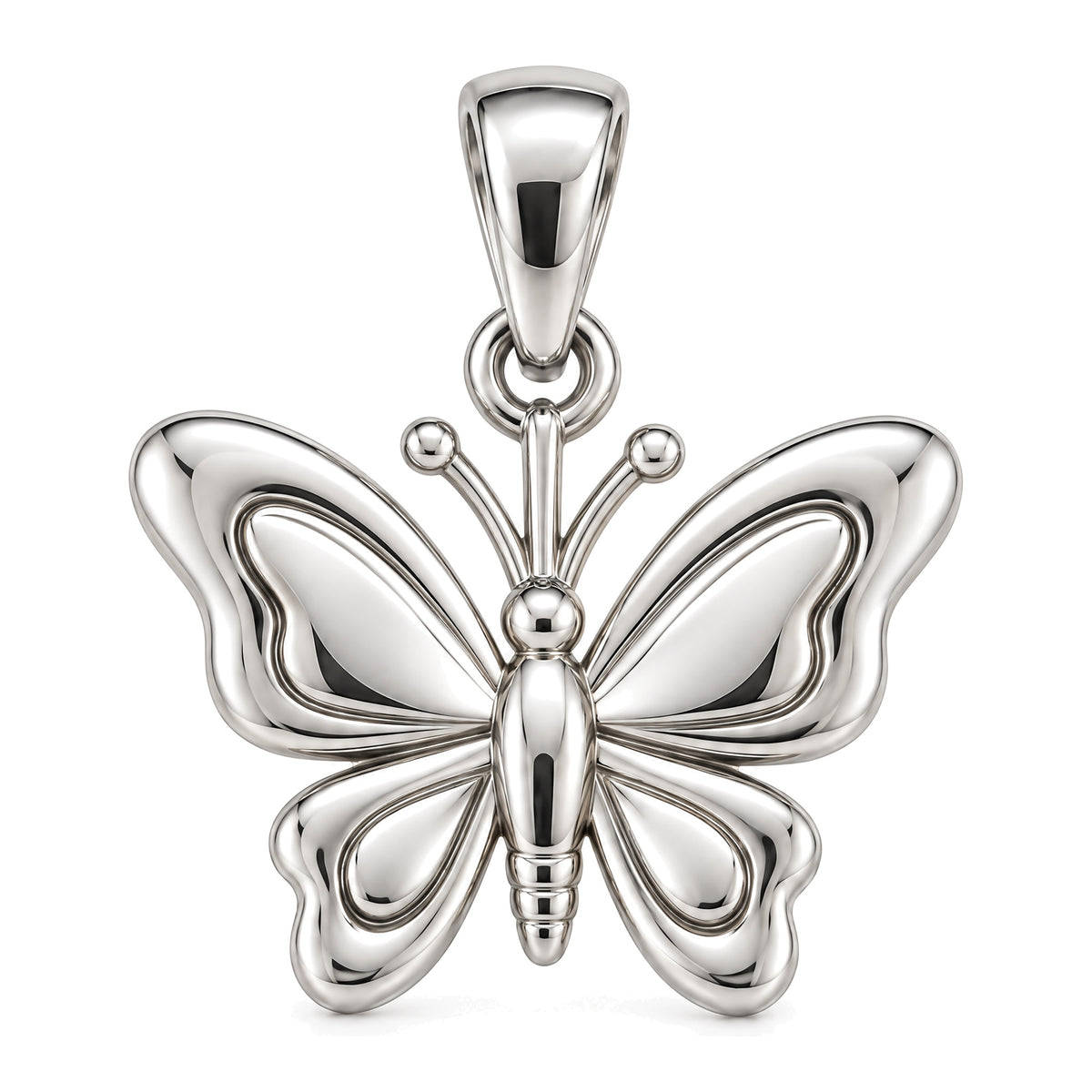 Mini Butterfly Sterling Silver Pendant — white-background product view; AI-generated design rendering; pendant only