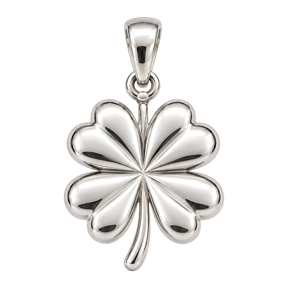 Mini Four Leaf Clover Sterling Silver Pendant — white-background product view; AI-generated design rendering; pendant only