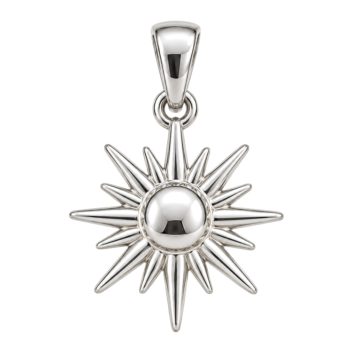 Mini Sunburst Sterling Silver Pendant — white-background product view; AI-generated design rendering; pendant only