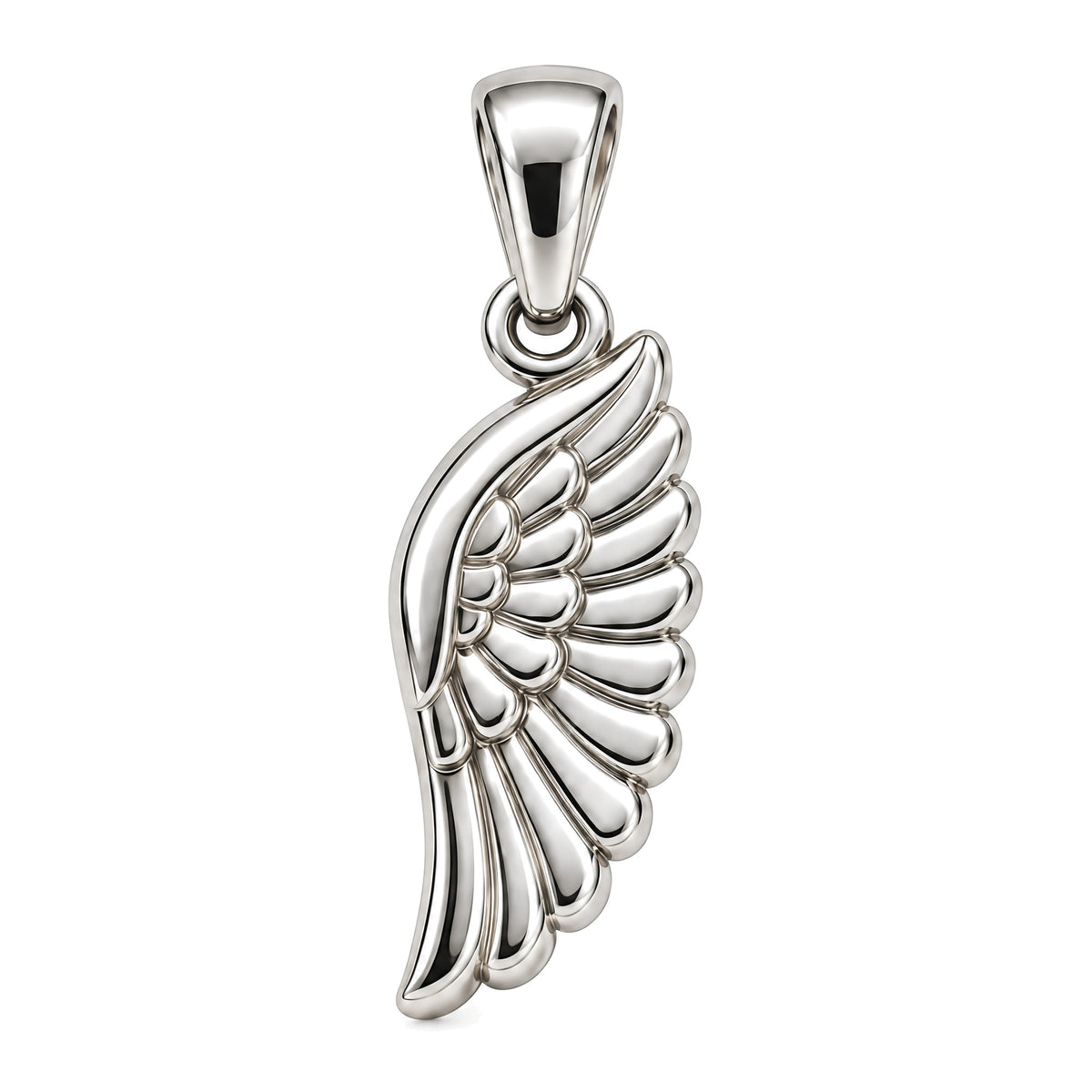 Mini Angel Wing Sterling Silver Pendant — white-background product view; AI-generated design rendering; pendant only