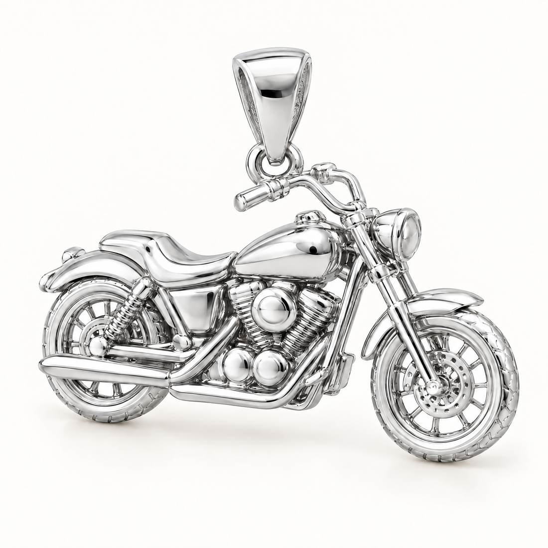 Mini Motorcycle Sterling Silver Pendant — AI-generated sterling-silver design rendering; pendant only