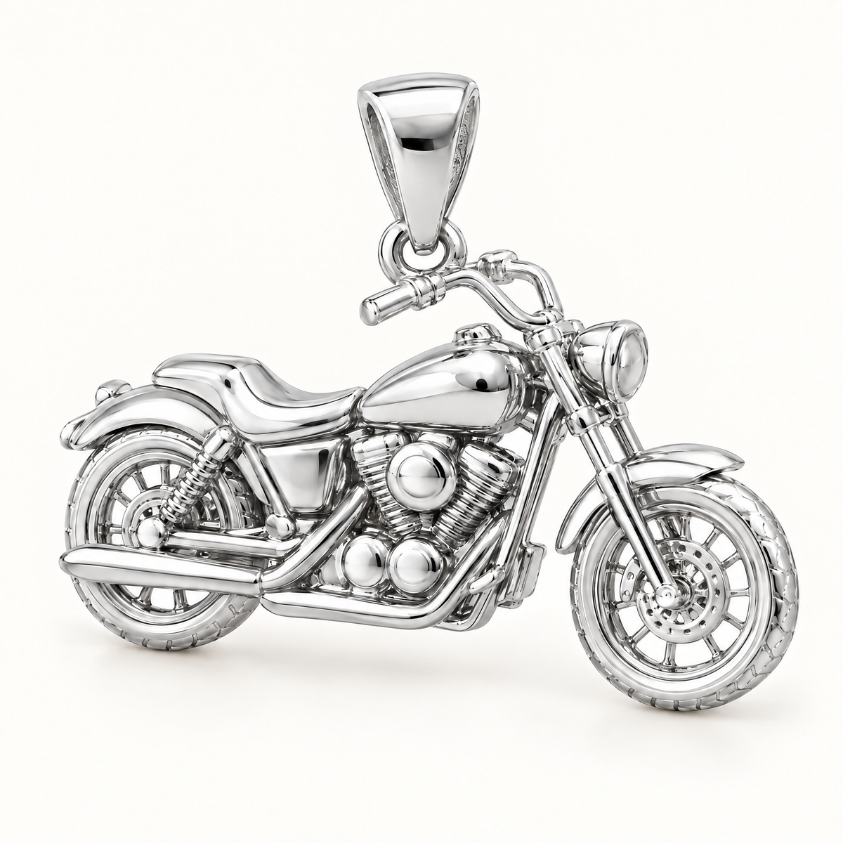 Mini Motorcycle Sterling Silver Pendant — AI-generated sterling-silver design rendering; pendant only
