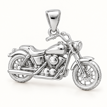 Mini Motorcycle Sterling Silver Pendant — AI-generated sterling-silver design rendering; pendant only