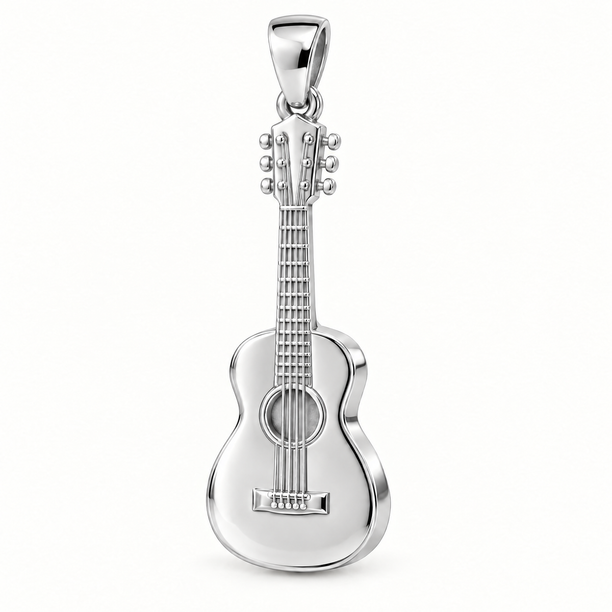 Mini Acoustic Guitar Sterling Silver Pendant — AI-generated sterling-silver design rendering; pendant only