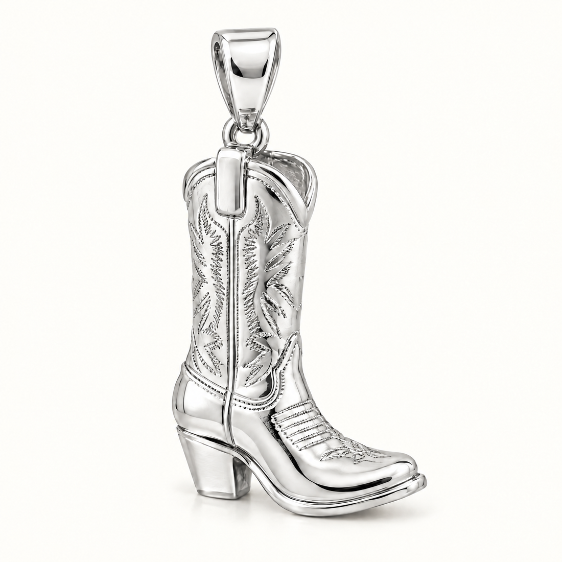 Mini Cowboy Boot Sterling Silver Pendant — AI-generated sterling-silver design rendering; pendant only