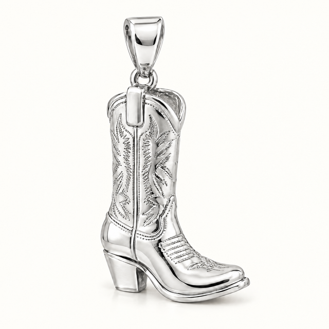 Mini Cowboy Boot Sterling Silver Pendant — AI-generated sterling-silver design rendering; pendant only
