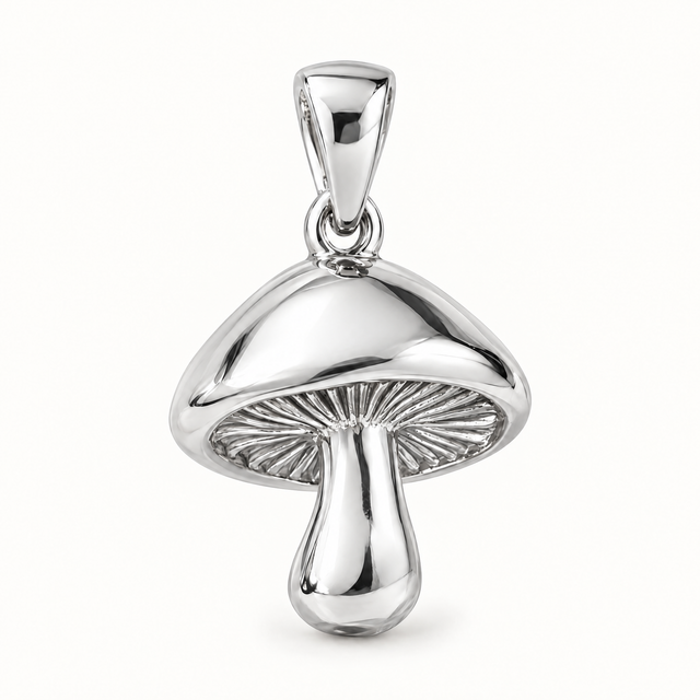 Mini Mushroom Sterling Silver Pendant — AI-generated sterling-silver design rendering; pendant only