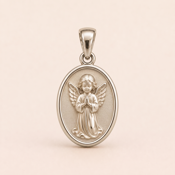 Mini Angel Medallion sterling-silver pendant design reference; AI-generated white-gold render reused for the silver counterpart