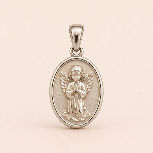 Mini Angel Medallion sterling-silver pendant design reference; AI-generated white-gold render reused for the silver counterpart
