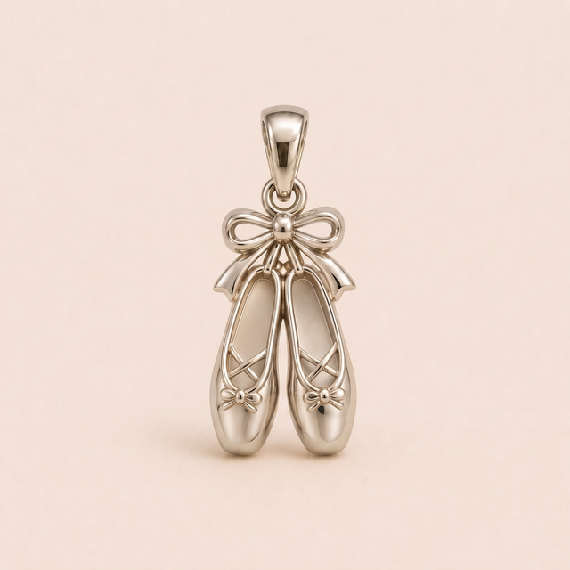 Mini Ballet Slipper sterling-silver pendant design reference; AI-generated white-gold render reused for the silver counterpart