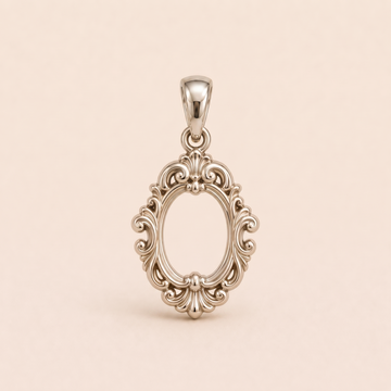 Mini Baroque Frame sterling-silver pendant design reference; AI-generated white-gold render reused for the silver counterpart