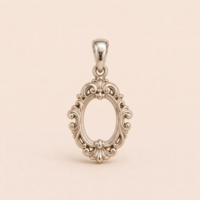 Mini Baroque Frame sterling-silver pendant design reference; AI-generated white-gold render reused for the silver counterpart