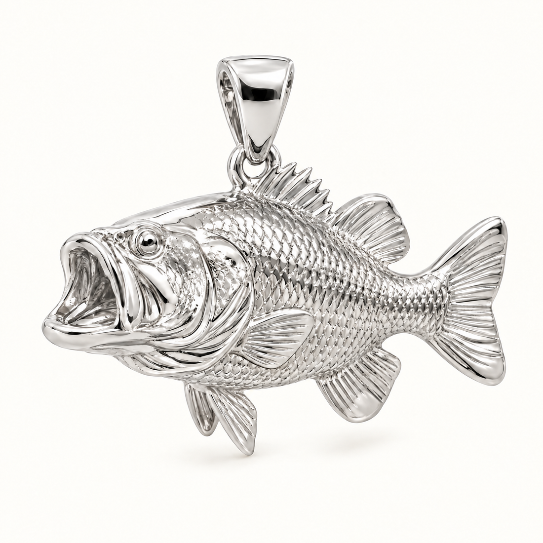 Mini Bass Fish Sterling Silver Pendant — AI-generated silver design rendering