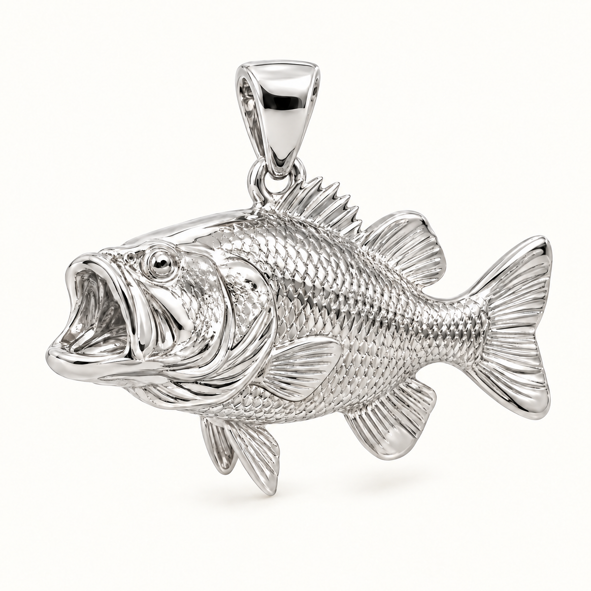 Mini Bass Fish Sterling Silver Pendant — AI-generated silver design rendering