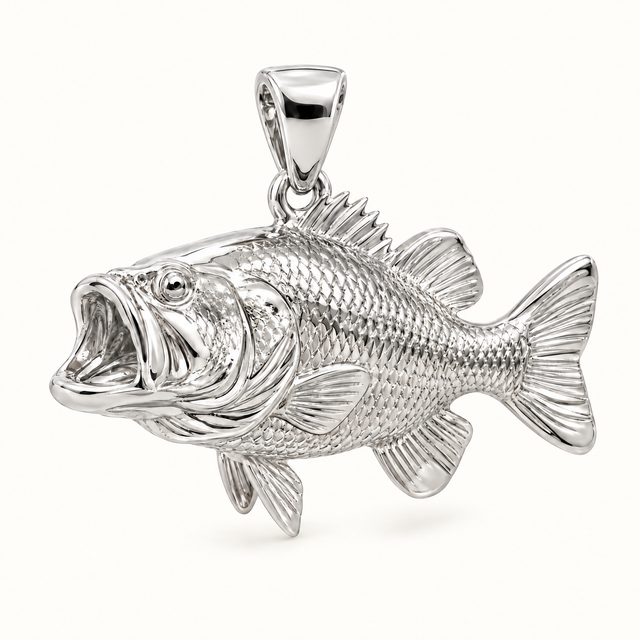Mini Bass Fish Sterling Silver Pendant — AI-generated silver design rendering