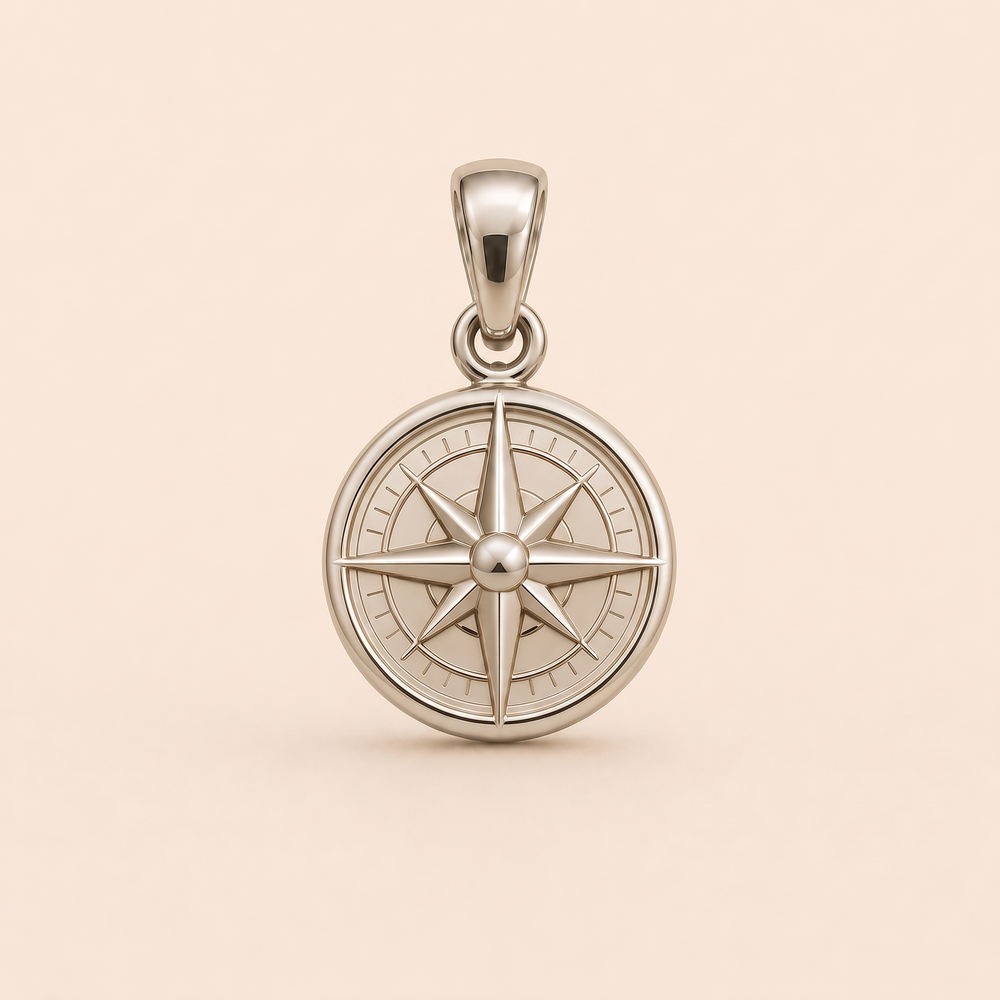 Mini Compass pendant — reused white-gold design rendering for the silver counterpart.