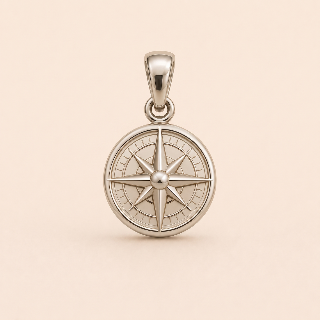 Mini Compass pendant — reused white-gold design rendering for the silver counterpart.