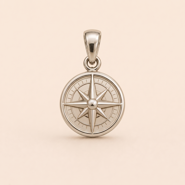 Mini Compass pendant — reused white-gold design rendering for the silver counterpart.