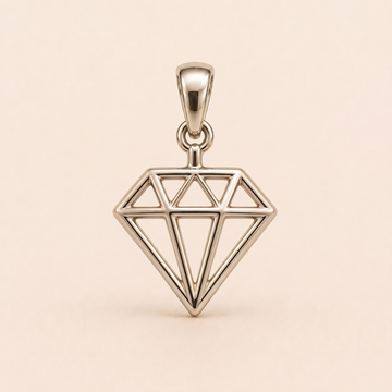 Mini Diamond Outline sterling-silver pendant design reference; AI-generated white-gold render reused for the silver counterpart