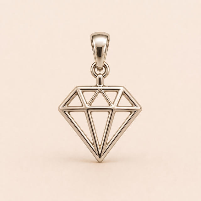 Mini Diamond Outline sterling-silver pendant design reference; AI-generated white-gold render reused for the silver counterpart
