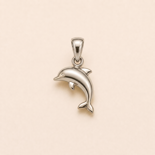 Mini Dolphin pendant — reused white-gold design rendering for the silver counterpart.