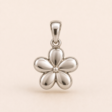 Mini Flower sterling-silver pendant design reference; AI-generated white-gold render reused for the silver counterpart