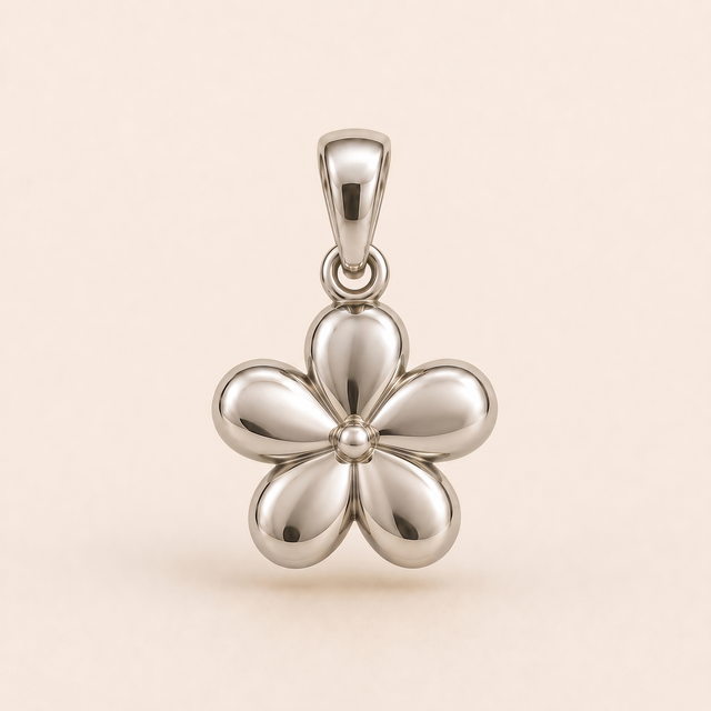 Mini Flower sterling-silver pendant design reference; AI-generated white-gold render reused for the silver counterpart