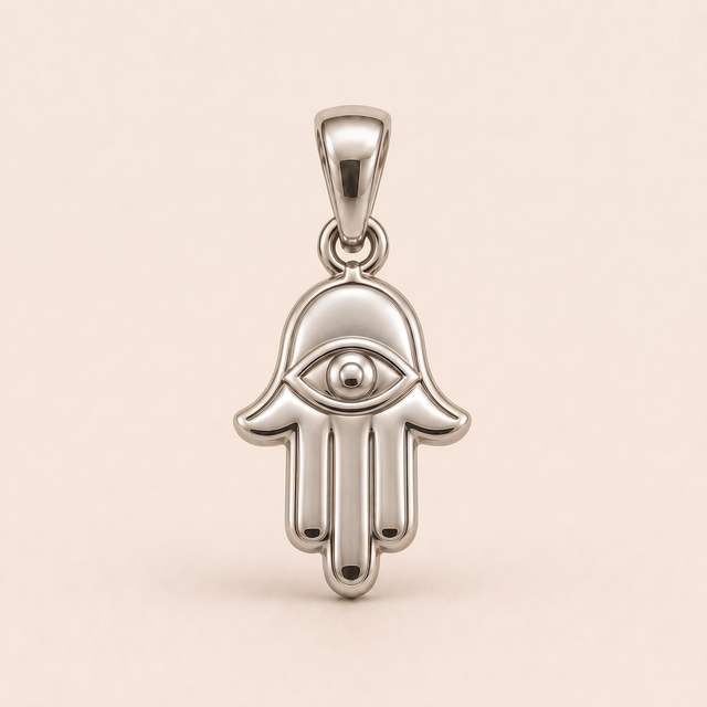 Mini Hamsa sterling-silver pendant design reference; AI-generated white-gold render reused for the silver counterpart