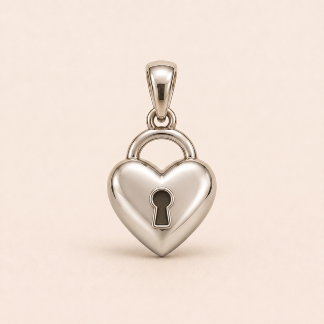 Mini Heart Lock sterling-silver pendant design reference; AI-generated white-gold render reused for the silver counterpart