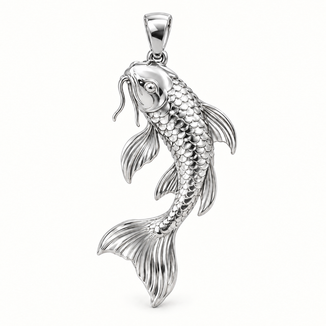 Mini Koi Fish Sterling Silver Pendant — AI-generated silver design rendering