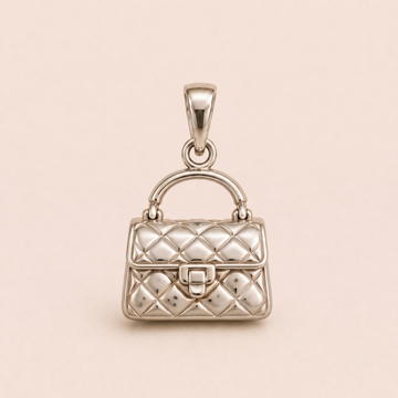 Mini Luxe Handbag sterling-silver pendant design reference; AI-generated white-gold render reused for the silver counterpart