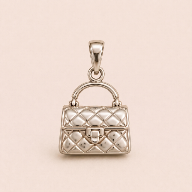 Mini Luxe Handbag sterling-silver pendant design reference; AI-generated white-gold render reused for the silver counterpart