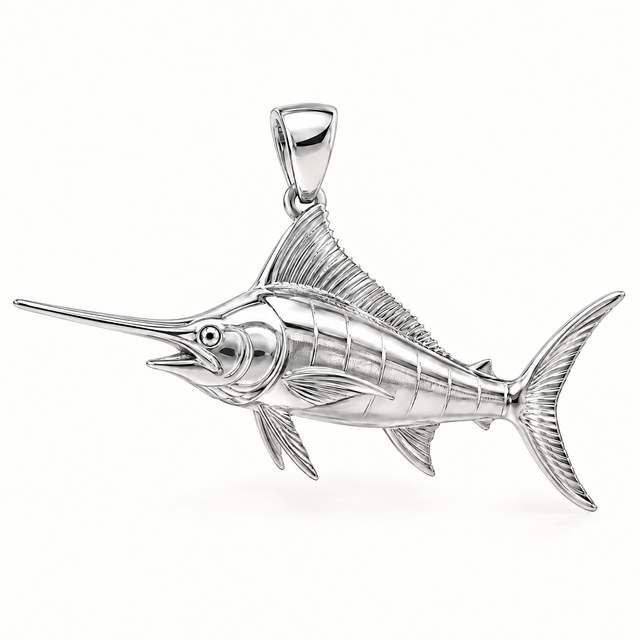 Mini Marlin Sterling Silver Pendant — AI-generated silver design rendering