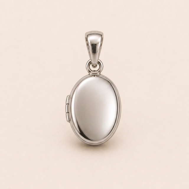 Mini Oval Locket-Style pendant — reused white-gold design rendering for the silver counterpart.