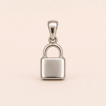 Mini Padlock sterling-silver pendant design reference; AI-generated white-gold render reused for the silver counterpart