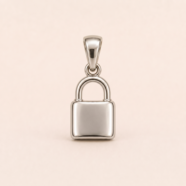 Mini Padlock sterling-silver pendant design reference; AI-generated white-gold render reused for the silver counterpart