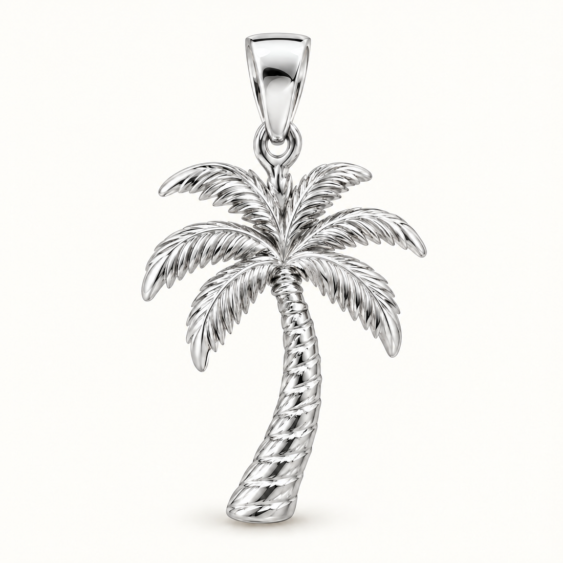 Mini Palm Tree Sterling Silver Pendant — AI-generated silver design rendering