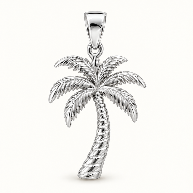 Mini Palm Tree Sterling Silver Pendant — AI-generated silver design rendering