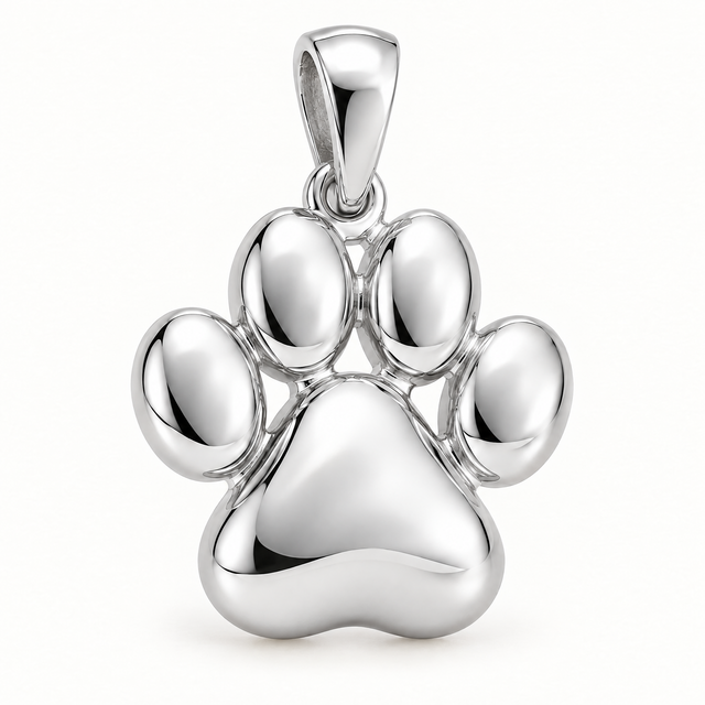 Mini Paw Print Sterling Silver Pendant — AI-generated silver design rendering