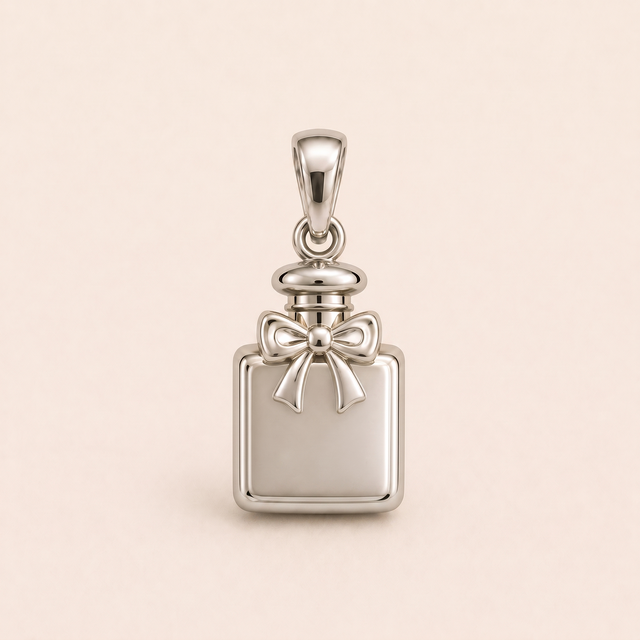Mini Perfume Bottle sterling-silver pendant design reference; AI-generated white-gold render reused for the silver counterpart