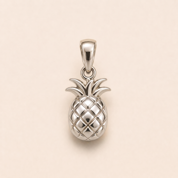Mini Pineapple sterling-silver pendant design reference; AI-generated white-gold render reused for the silver counterpart