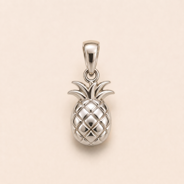 Mini Pineapple sterling-silver pendant design reference; AI-generated white-gold render reused for the silver counterpart
